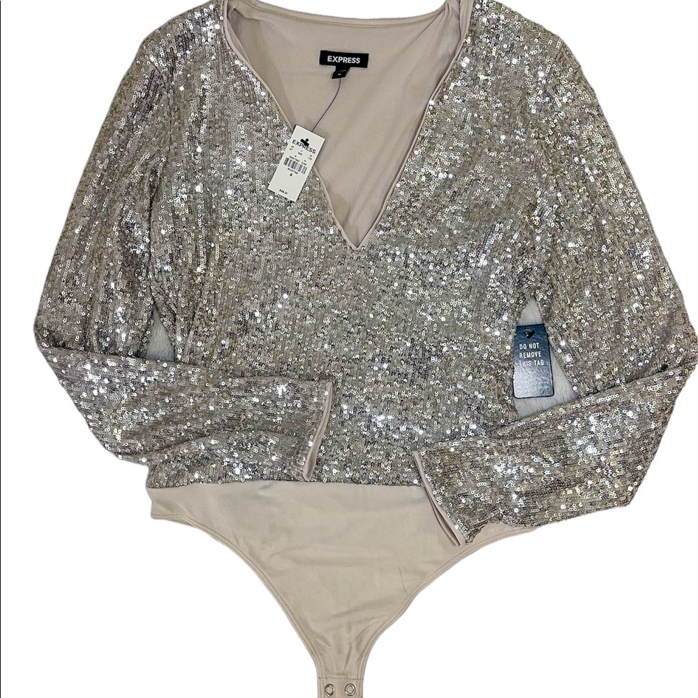 EXPRESS SEQUIN DEEP V-NECK THONG BODYSUIT